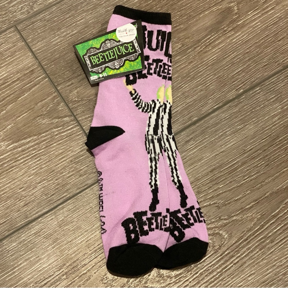 NEW! Beetle Juice Novelty Horror Crew Socks Purple Black Green Soft Size 9-11